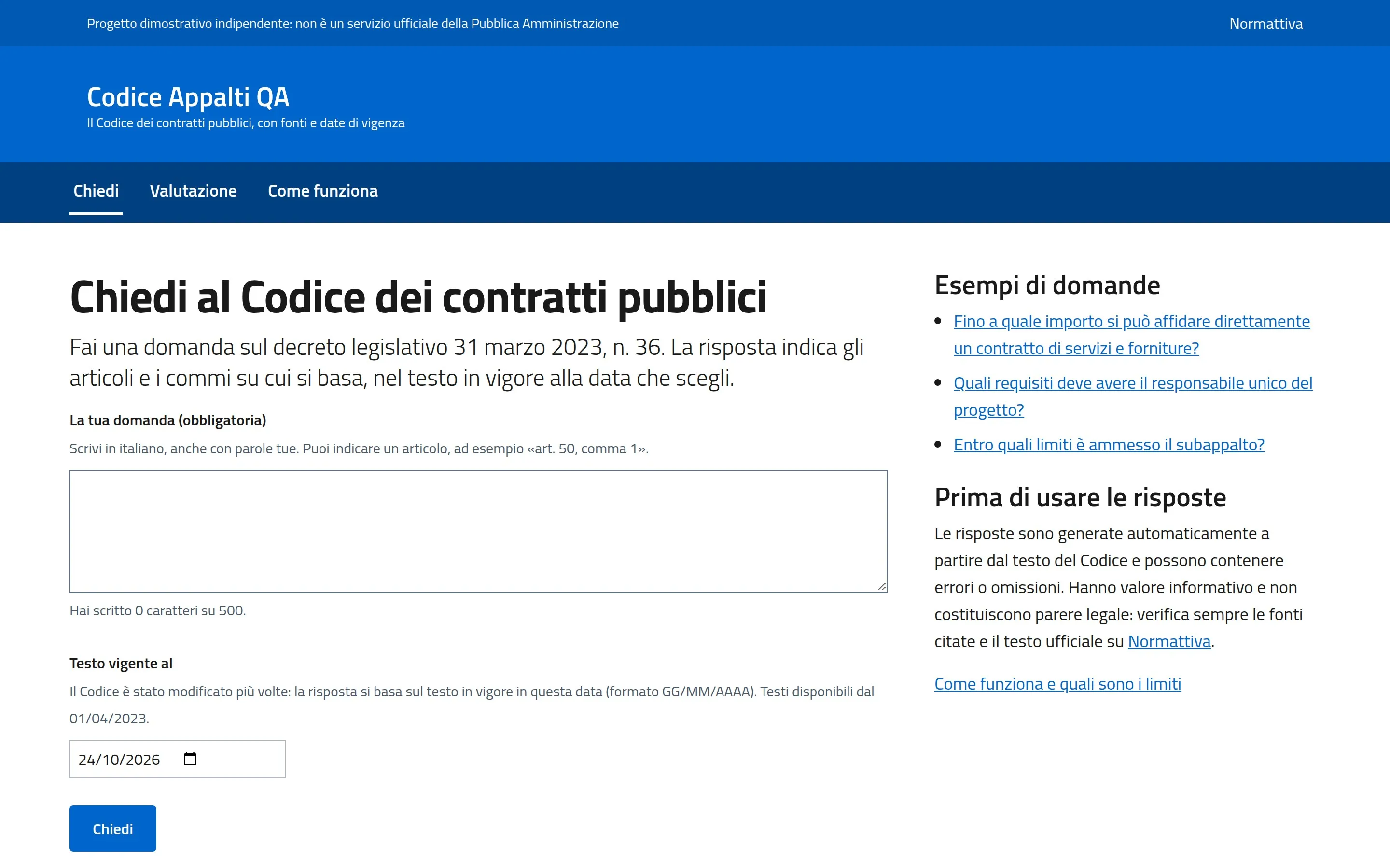 La pagina della demo di Codice Appalti QA: il campo per la domanda, la data di vigenza del testo e alcuni esempi di domande